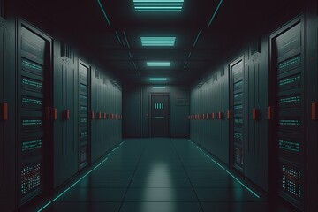 Server room hallway with a line of servers in it. Generative AI