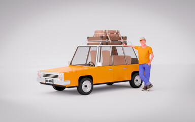 Cartoon Character Person Near Orange Cartoon Toy Car on a white background. 3d rendering