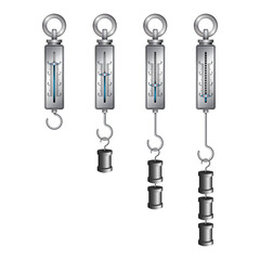 Set of cylindrical spring mechanical dynamometers with metal pointers and various weights. Dynamometer. Force measuring instrument. Dynamometer with hook for physics and scientific purposes.