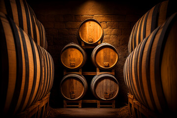 Wine barrels in a old wine cellar. Grape barrels in wine storage. Wooden oak barrels with whiskey in storage. Vintage Wine in an old barrel. Storage of whiskey . Barrel storage of rum. - obrazy, fototapety, plakaty