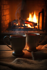 Obraz na płótnie Canvas Two cups of steaming hot tea in front of fireplace, Generative ai