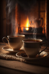 Fototapeta premium Two cups of steaming hot tea in front of fireplace, Generative ai