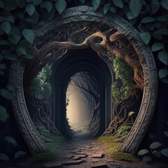 enchanted archway leading to a mysterious realm, fantasy art, AI generation.