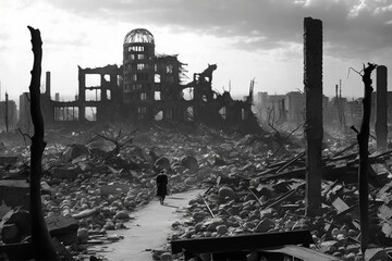 Radioactive nuclear bomb explosion with mushroom cloud in a war torn city. Atomic destruction. Ai generated