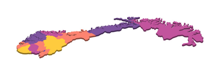 Norway political map of administrative divisions - counties and autonomous city of Oslo. Isometric 3D blank vector map in four colors scheme.