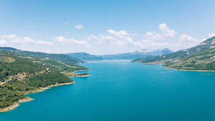 Picturesque landscape view of lake and mountains in Central Greece, Evrytania region. Lake Kremaston.