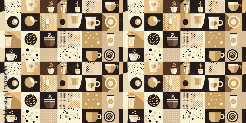 Aufkleber Latte, Coffee, Cappuchino. Squares each other with coffee cups. Flat style. Minimal style. Vector pattern. Geometric pattern vector background with Scandinavian abstractions and Swiss geometry.