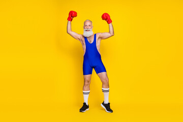 Fototapeta na wymiar Full length portrait of delighted person raise fists hands wear boxing gloves achieve isolated on yellow color background