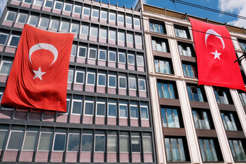 Turkey flag hanging on the exterior facade building in Istanbul, Turkey