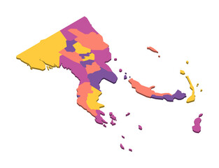Papua New Guinea political map of administrative divisions - provinces, autonomous region and National Capital District. Isometric 3D blank vector map in four colors scheme.