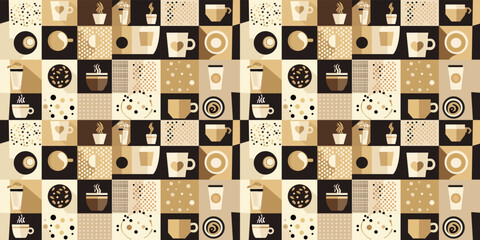 Latte, Coffee, Cappuchino. Squares each other with coffee cups. Flat style. Minimal style. Vector pattern. Geometric pattern vector background with Scandinavian abstractions and Swiss geometry.