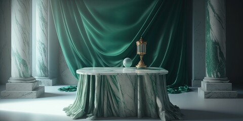 Obraz premium vacant chic green marble table with room for jewelry or cosmetics displays, blowing satin sheer curtains, and sunlight. Templates, Mockup, Premium, Stone, Background. Generative AI