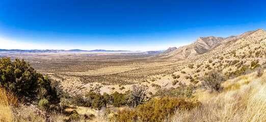 A panoramic view of the desert grasslands of southern Arizona with a clear blue sky.