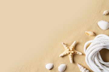 Summer vacation and beauty sand mock up with starfish and sand on beige background