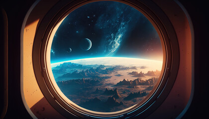 A fantasy stunning alien planet is viewed from the porthole window of a starship. The brilliant blue atmosphere and the remaining peaks of the mountains are visible from the porthole. Generative Ai.