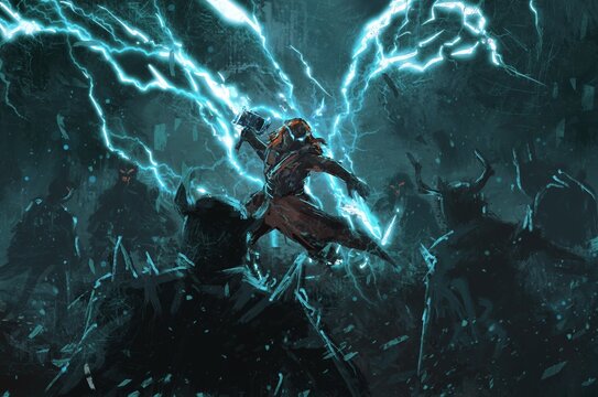 thor god of thunder fighting among ice monster, beast ,tale monster,creatures of norse god myth and Legend ,digital art, Illustration painting.