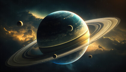Saturn with its moon, complete with distinctive rings that encircle the planet. The background is filled with stars and nebulas, showing the planet in space. Fantasy Galaxy background. Generative Ai.