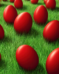 Fototapeta na wymiar Red Easter eggs in green grass, generative ai illustration