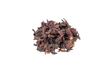 Dry hibiscus tea heap isolated on white background. herb. herbal tea. food ingredient.