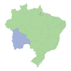 High quality political map of Brazil and Bolivia with borders of the regions or provinces.