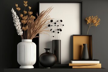 Exquisite and modern composition of living room interior with black shelf, mock up poster frame, dried flowers in vase, decoration and elegant accessories. Minimalist home decor. Template. Generative