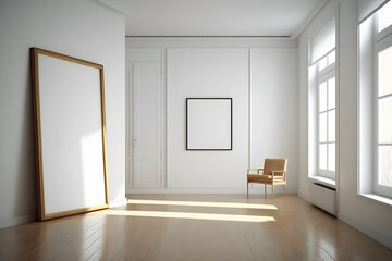 Minimalist room, large blank frame, light wood frame, black luxury style inside studio, white walls, overexposed - Generative AI