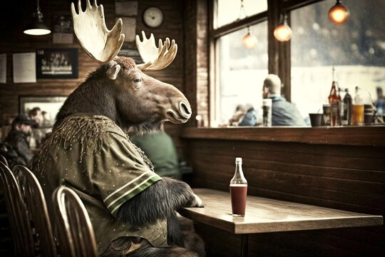  Bull moose with antlers sits alone in a bar with a beer drinking and dressed in human clothes. Very expressive expression on the big male bull moose. Generative ai image
