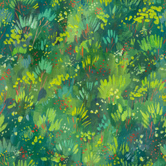 Vivid green moss watercolor seamless pattern, abstract botanica