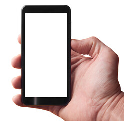 Close up of male hand holding cellphone blank screen, template with empty display isolated on white background for advertising or displaying mobile app or web site interface, other design design.