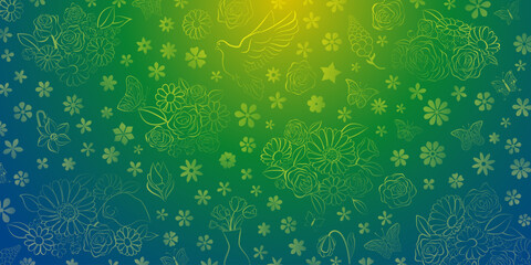 Spring background in blue and green colors made of various flowers, birds and butterflies