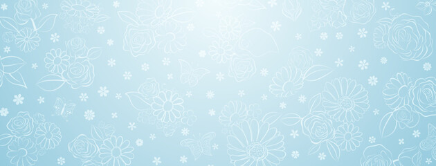 Spring background in light blue colors made of various flowers and butterflies