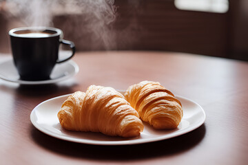 A baked croissant with a cup of hot coffee on the table, French breakfast, pastries, generative ai	