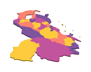 Venezuela political map of administrative divisions - states, capital district and federal dependencies. Isometric 3D blank vector map in four colors scheme.