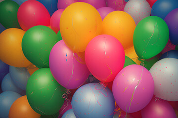 Obraz premium Background of inflatable, festive balloons of different colors, holiday card. generative ai 