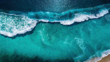 Naklejka na ściany i meble An aerial view of a blue sea with water textures, sun reflections, Generative ai