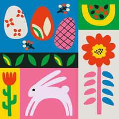 Happy Easter banner. Trendy Easter design. Modern minimal template with flora, rabbit, egg hand drawn.