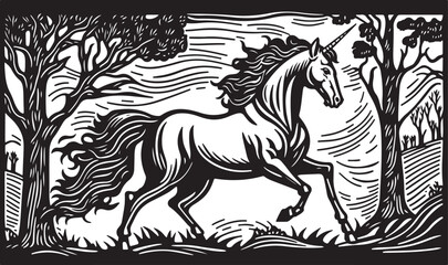 Trendy black and white illustration of a linocut art or colouring page of a unicorn