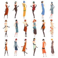Young Female Wearing Garment from Twenties Big Vector Set