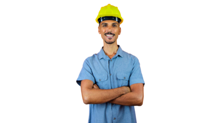 Engineers day - Black Man in Safety Helmet and Blue Shirt isolated on orange.