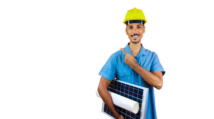 Engineers day - Black Man in Safety Helmet and Blue Shirt isolated. Engineer Holding Photovoltaic...