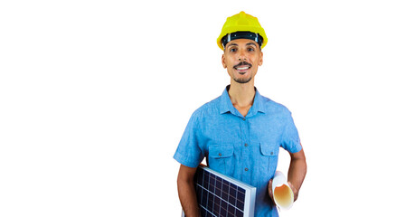 Engineers day - Black Man in Safety Helmet and Blue Shirt isolated on orange.