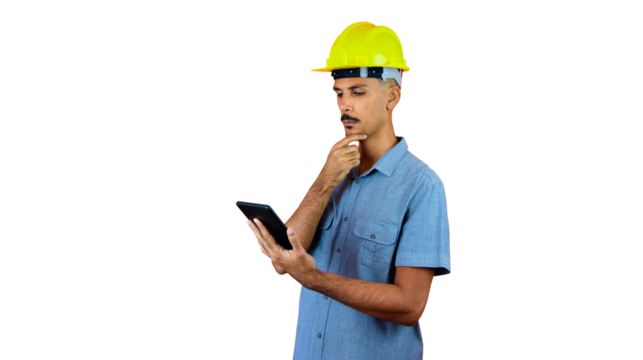 Engineers day - Black Man in Safety Helmet and Blue Shirt isolated. Engineer Holding Mobile.