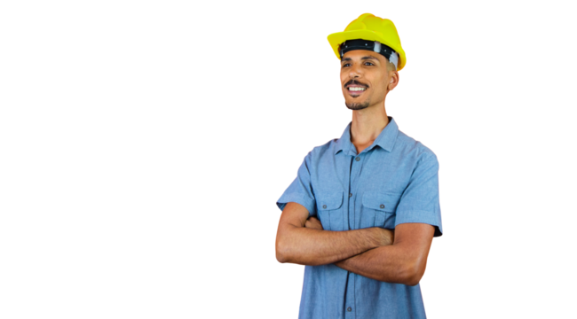 Engineers day - Black Man in Safety Helmet and Blue Shirt isolated on orange.