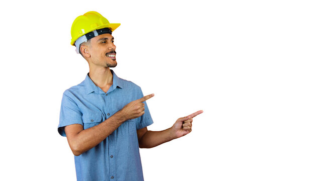 Engineers day - Black Man in Safety Helmet and Blue Shirt isolated on orange.