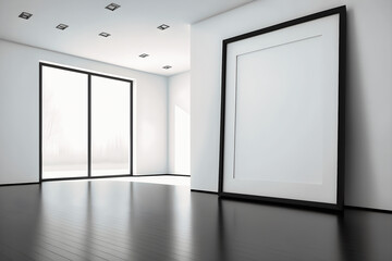 Minimalist room, large blank frame, light wood frame, black luxury style inside studio, white walls, overexposed - Generative AI
