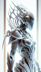  Robot, white woman cyber robot, futuristic white warrior astronaut robot in cyber suit and helmet side view. Image created with generative ai