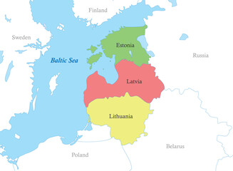 map of Baltic states with borders of the countries.