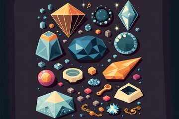Beautiful jewels (crystals, diamonds) flat illustration created with Generative AI 