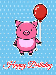 Happy birthday vector childrens card. Cute pink pig with a red balloon