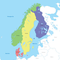 map of Northern Europe with borders of the countries. Scandinavia